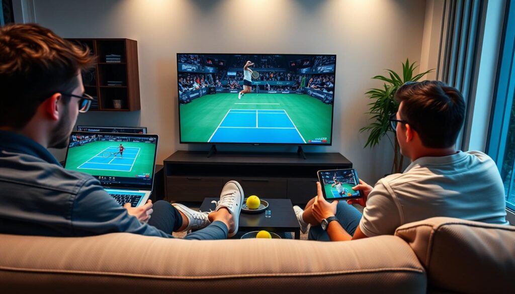 Fans watching Iga Świątek match on multiple devices